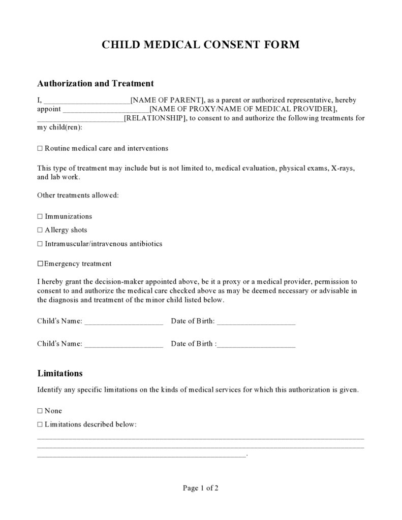 43 Printable Medical Consent Forms For Minor Free 