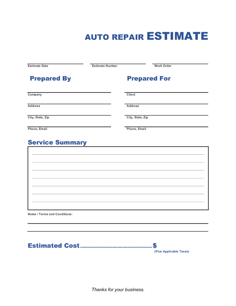 Auto Repair Estimate Template Invoice Maker