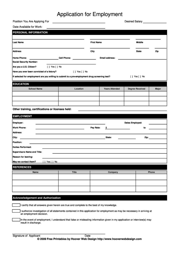 Blank Application Forms Printable