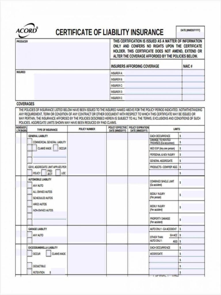 Browse Our Sample Of Liability Insurance Certificate Template 