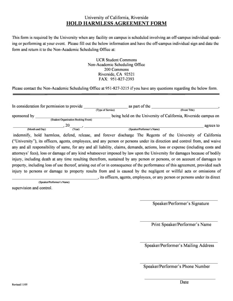 Contractor Printable Hold Harmless Agreement Template Printable Templates