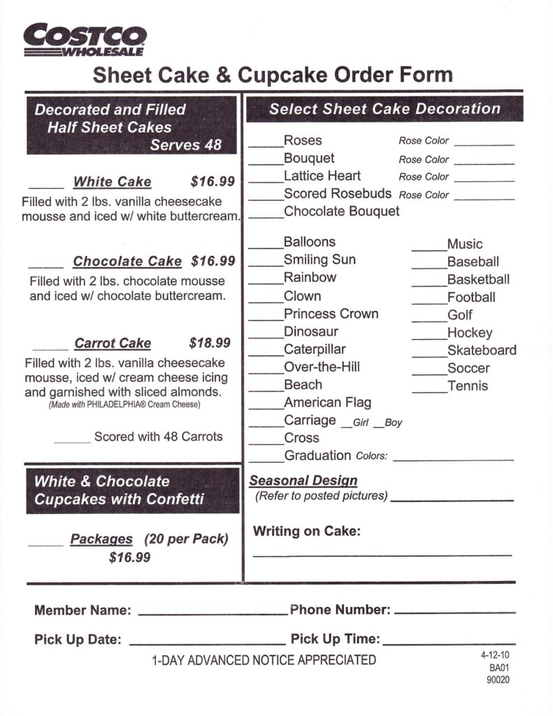 Costco Cake Order Form Printable