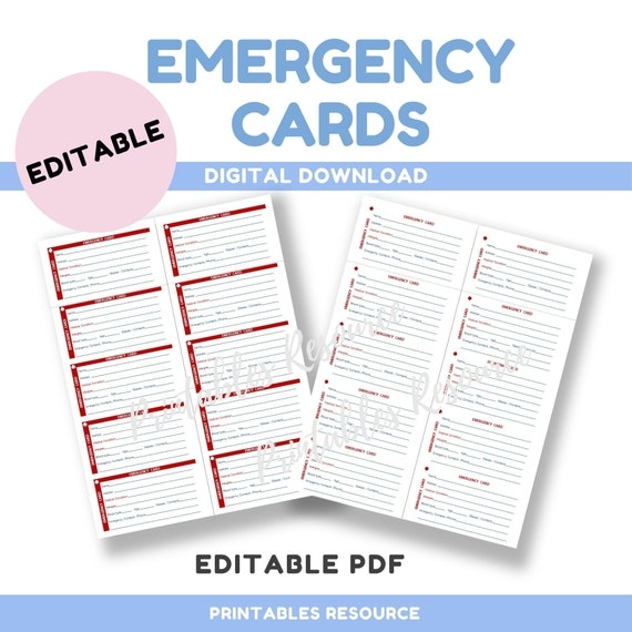 Editable Emergency Wallet Card Editable PDF Digital Etsy