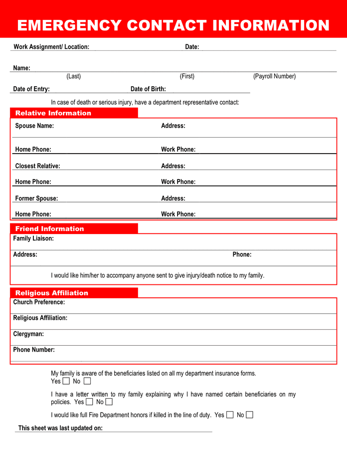 Emergency Contact Form In Word And Pdf Formats