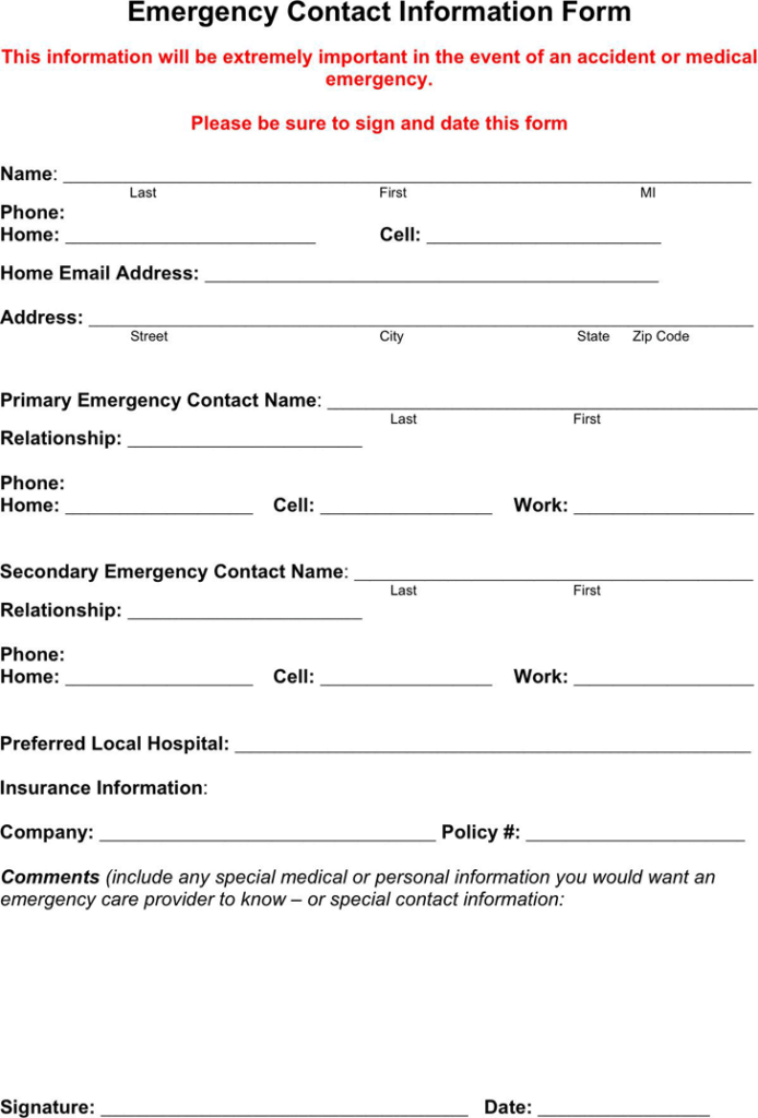 Emergency Contact Form Template