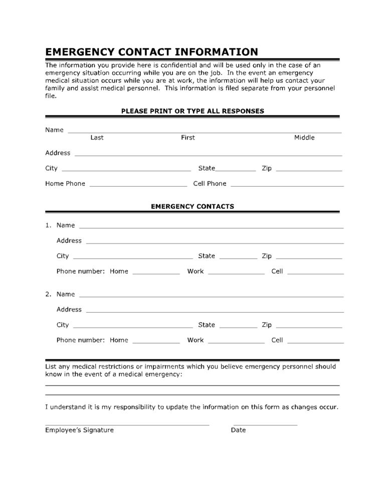 Emergency Contact Form Template Word We Love Printables