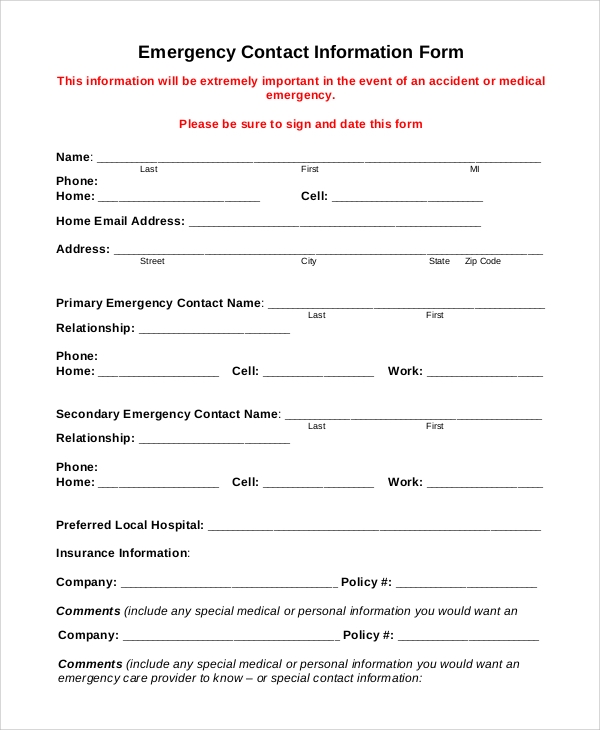 Emergency Contacts Form Templates Riset