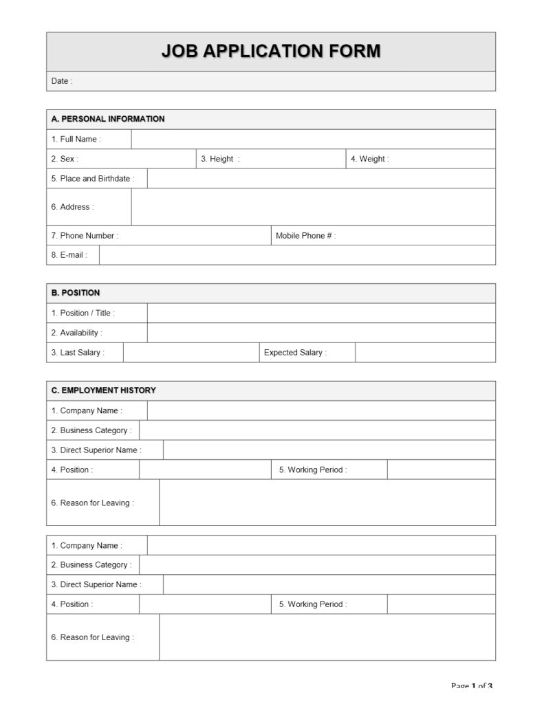 Employment Printable Blank Job Application Form Word Document 