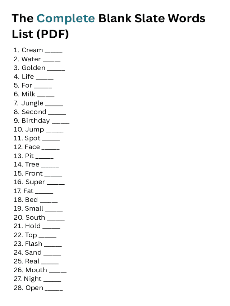 Fillable Online The Complete Blank Slate Words List PDF Fax Email 