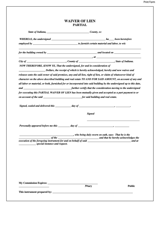 Fillable Waiver Of Lien Printable Pdf Download