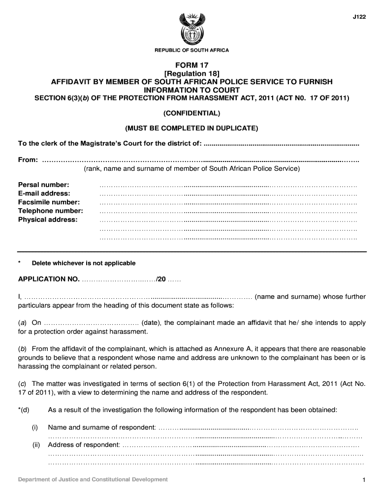 FORM 17 Department Of Justice And Constitutional Development Fill Out 