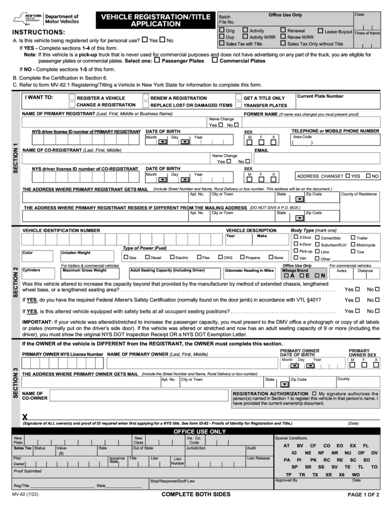 Form MV 82 Vehicle Registration Title Application Forms Docs 2023