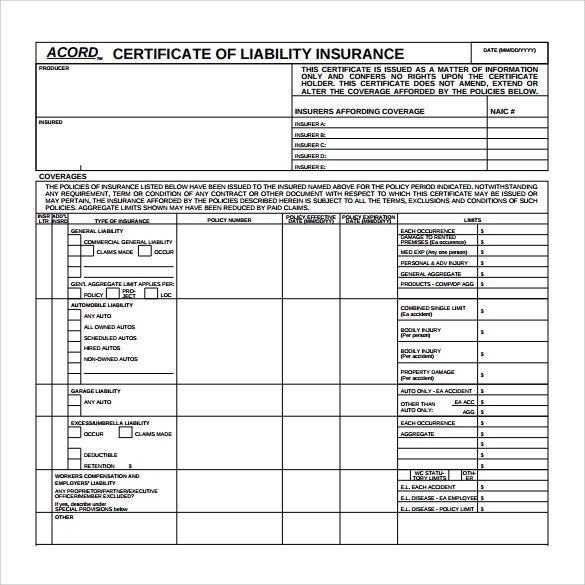 FREE 15 Certificate Of Insurance Templates In PDF MS Word