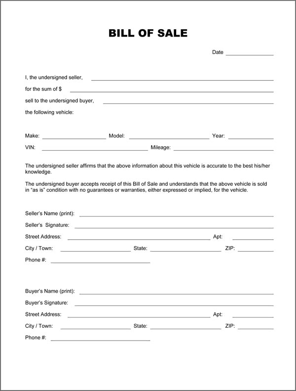 Free Bill Of Sale Printable Form