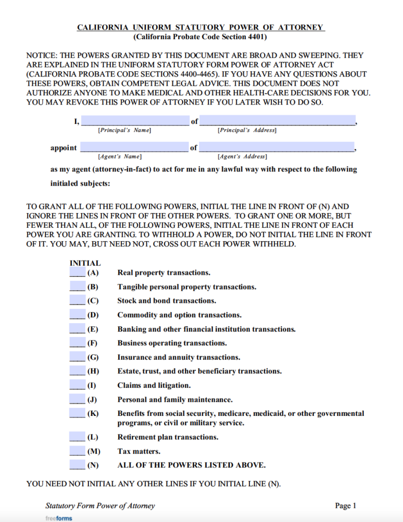 Free California Durable Financial Power Of Attorney Form PDF