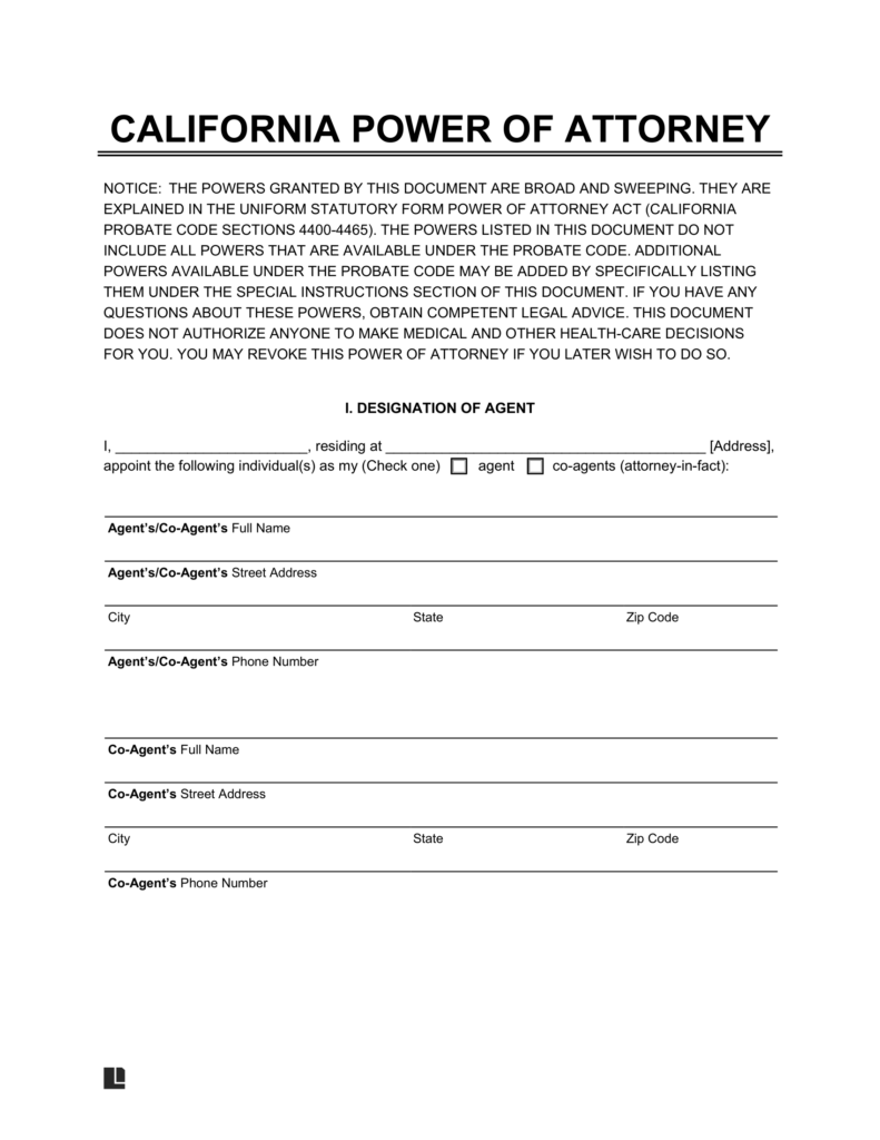 Free California Power Of Attorney Forms PDF Word