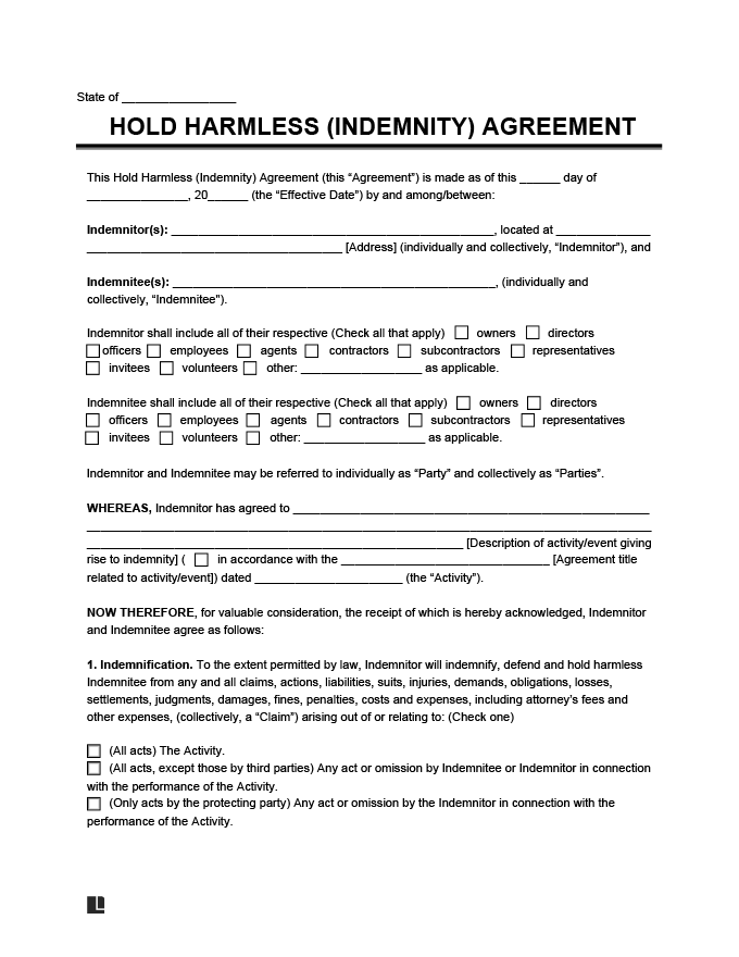 Free Hold Harmless Indemnity Agreement PDF Word