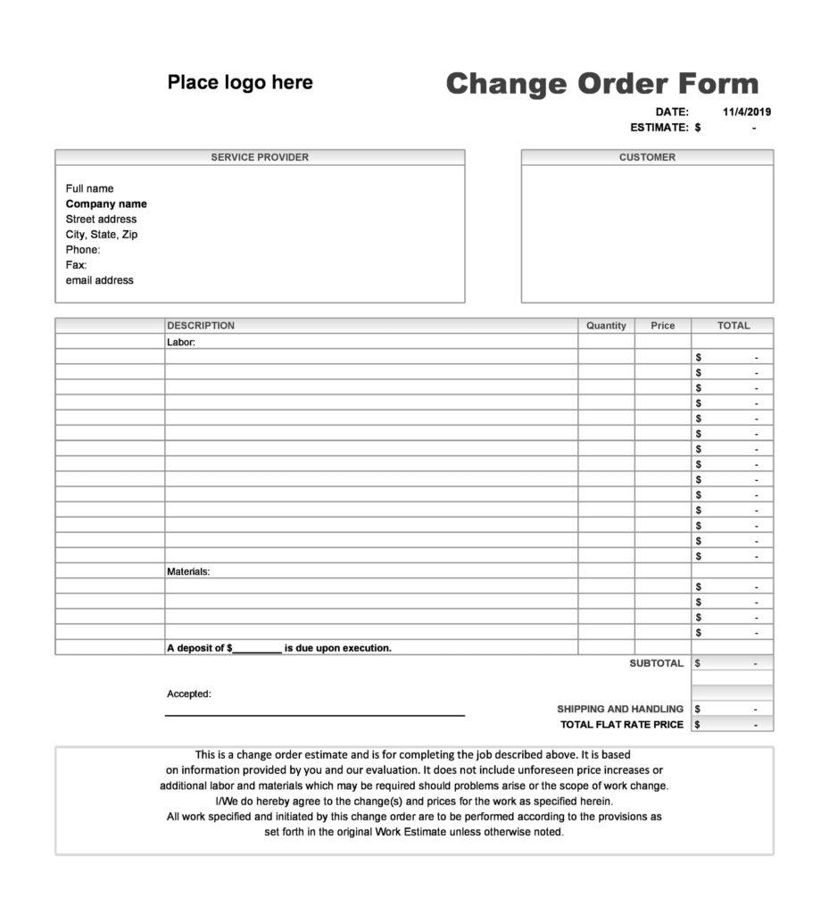 Free Printable Fillable Construction Change Order Form Printable