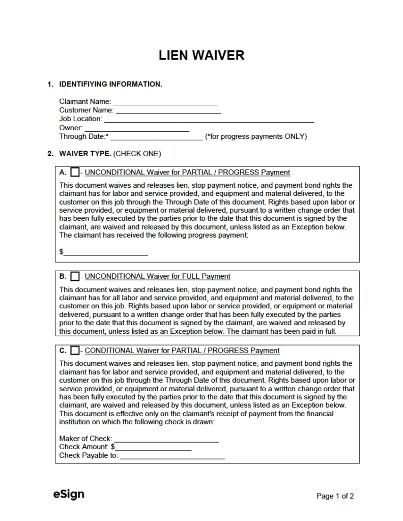 Free Printable Lien Waiver Construction Form Printable Forms Free Online