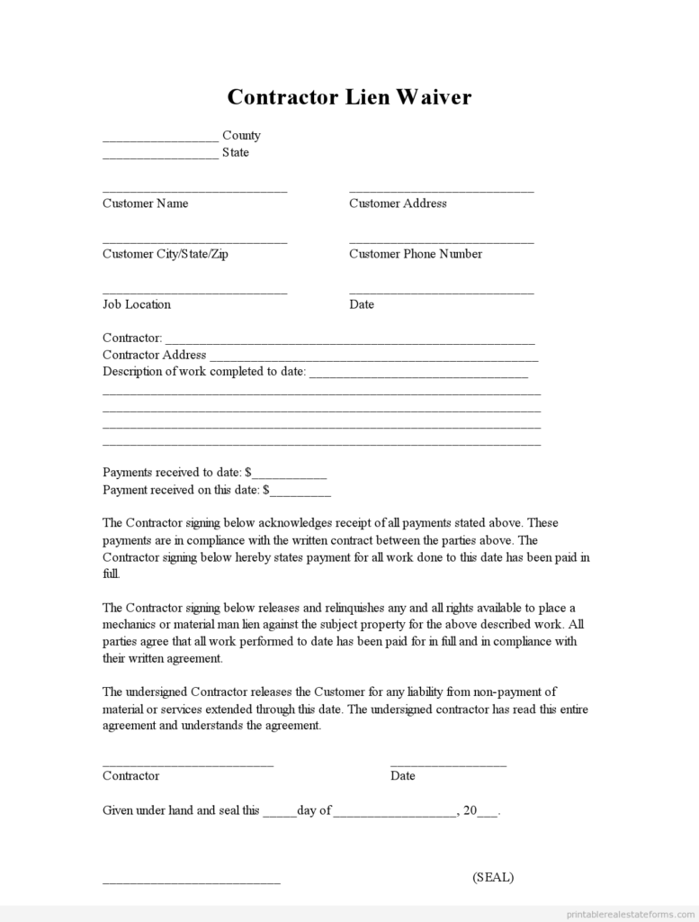 Free Printable Lien Waiver Form Pdf