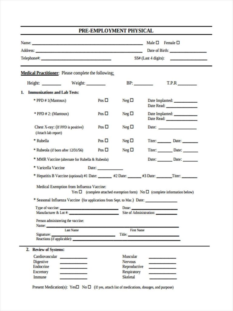 Free Printable Physical Form For Work