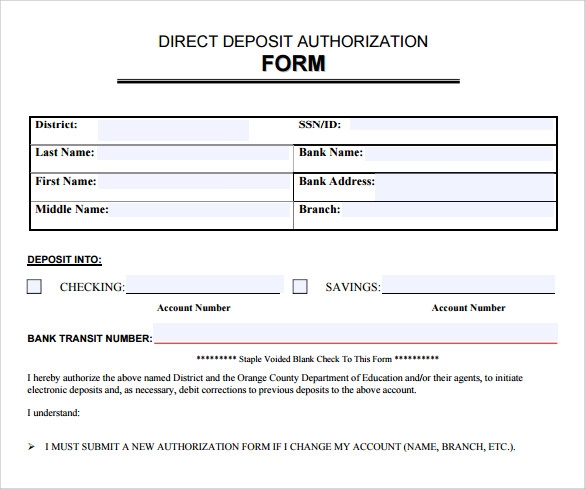 Free Printable Printable Direct Deposit Authorization Form Template