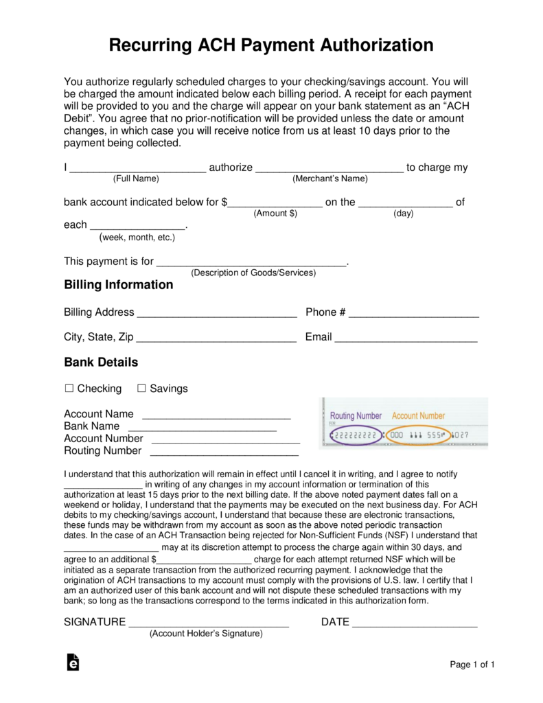 Free Recurring ACH Payment Authorization Form PDF Word EForms