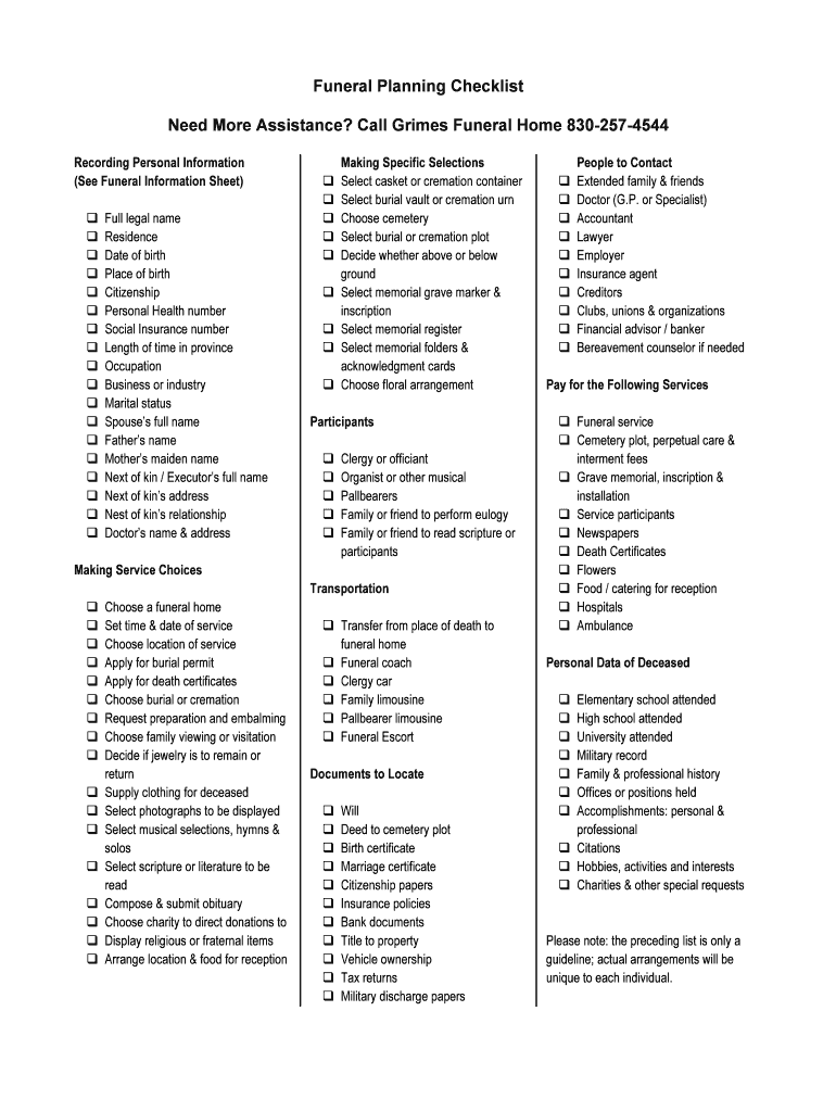 Funeral Checklist Pdf Fill Online Printable Fillable Blank PdfFiller