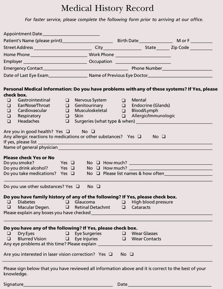 General Printable Medical History Form Template