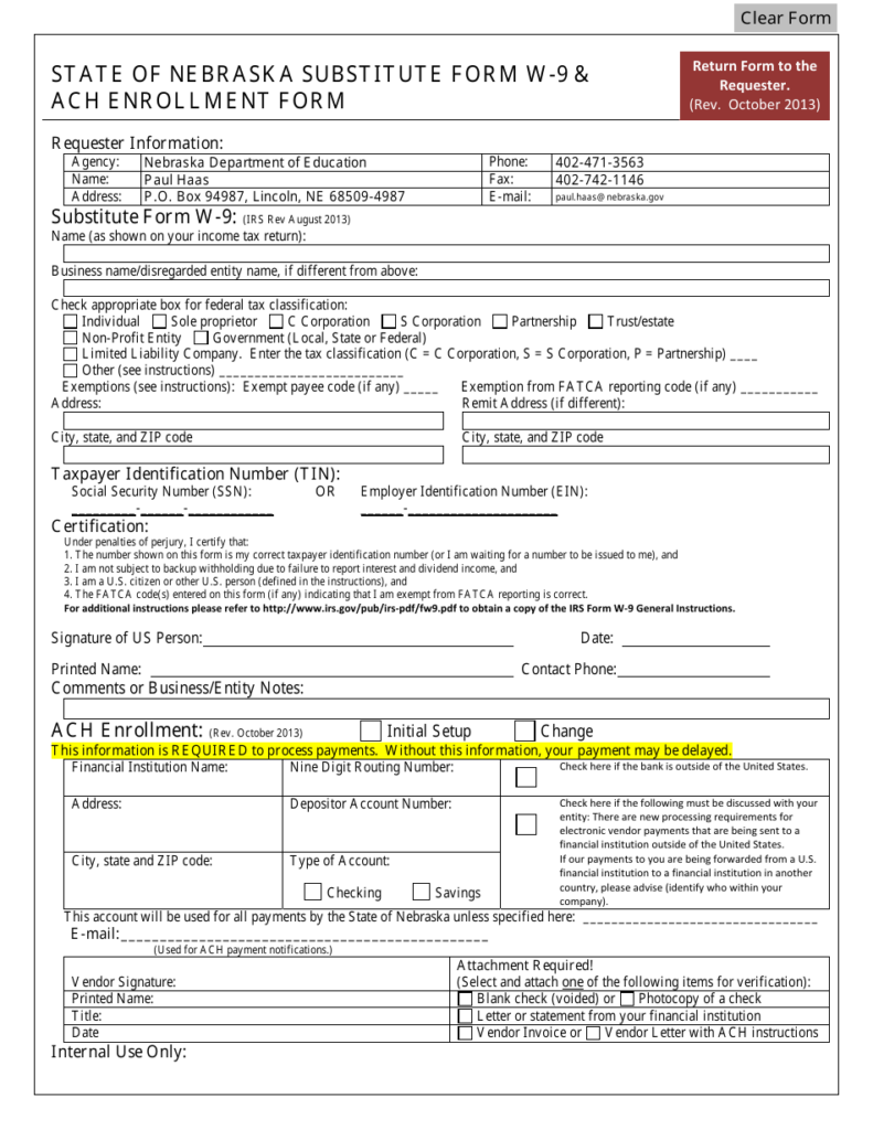 Nebraska State Of Nebraska Substitute Form W 9 ACH Enrollment Form 