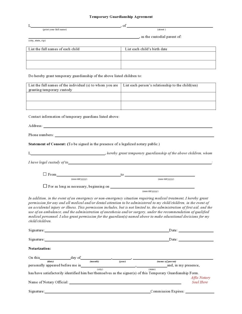 Notarized Printable Temporary Guardianship Agreement Form Printable 