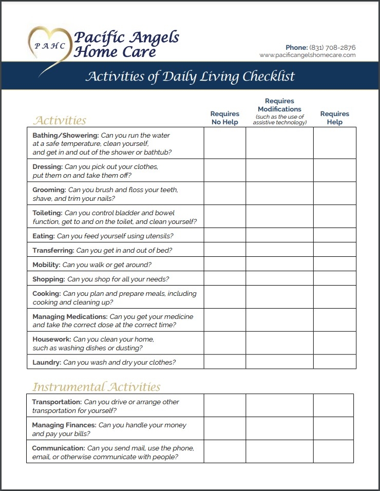 Printable Activities Of Daily Living Checklist