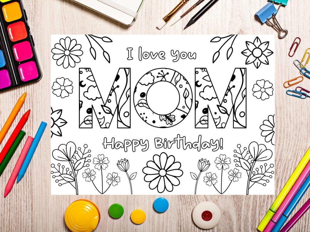 Printable Coloring Birthday Card For Mom Cute Mom Birthday Etsy