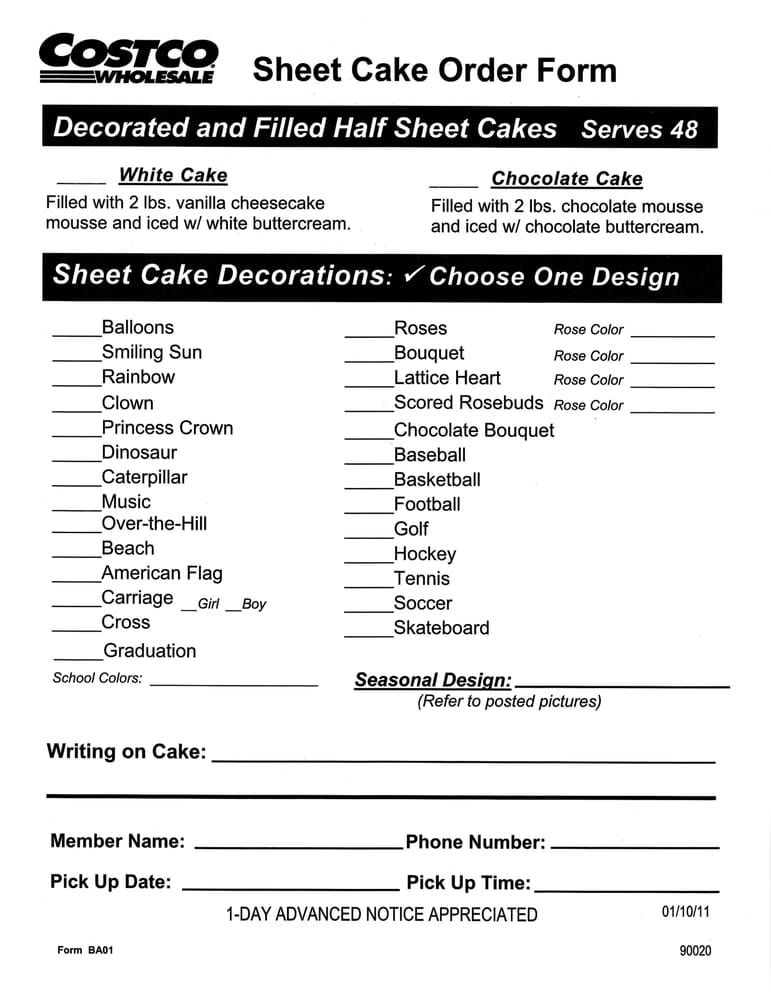 Printable Costco Cake Order Form Printable Form 2024