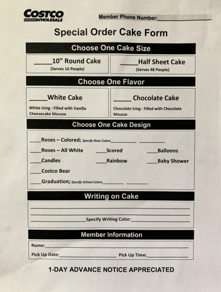 Printable Costco Cake Order Form Printable Templates