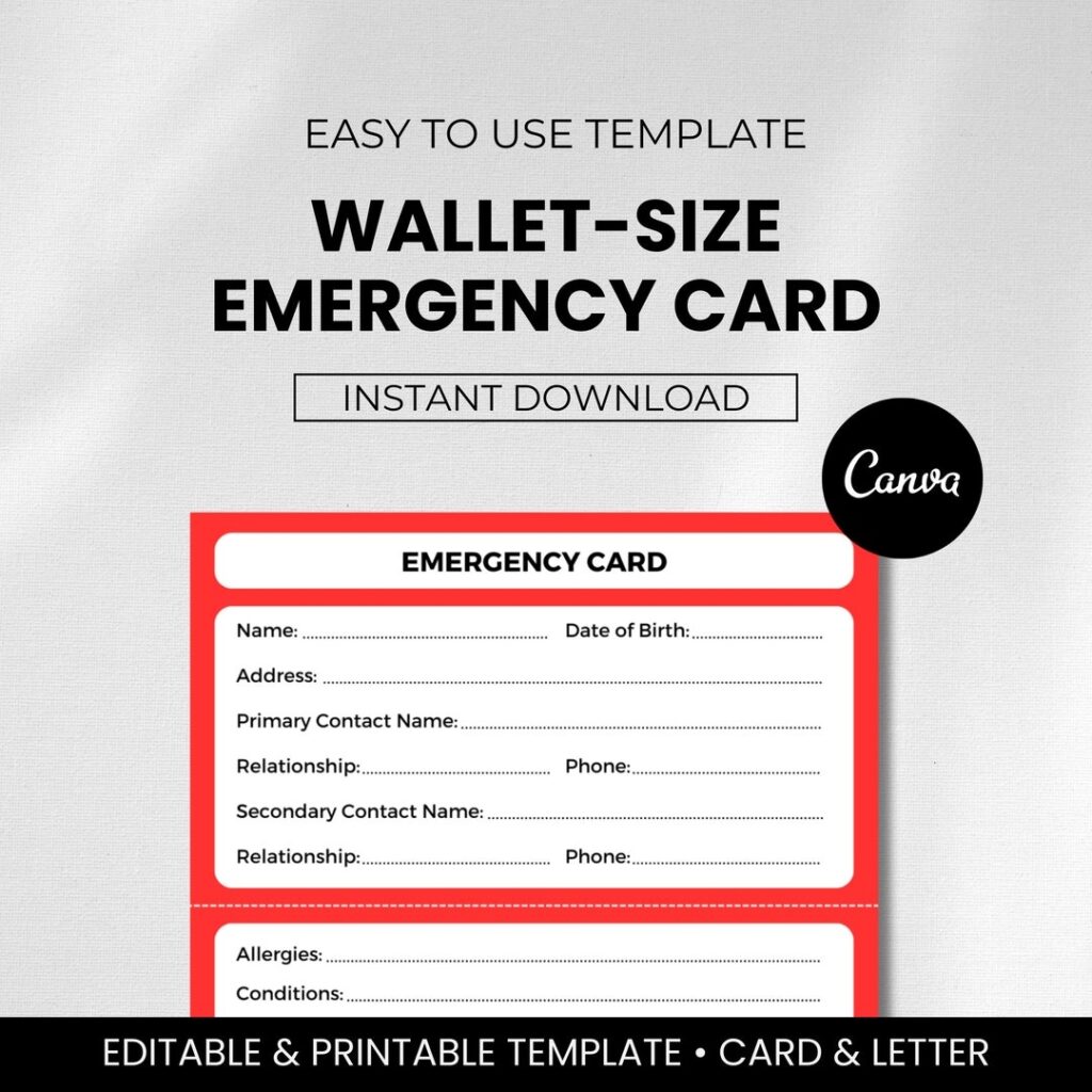 Printable Emergency Card Template Emergency Card For Wallet Emergency