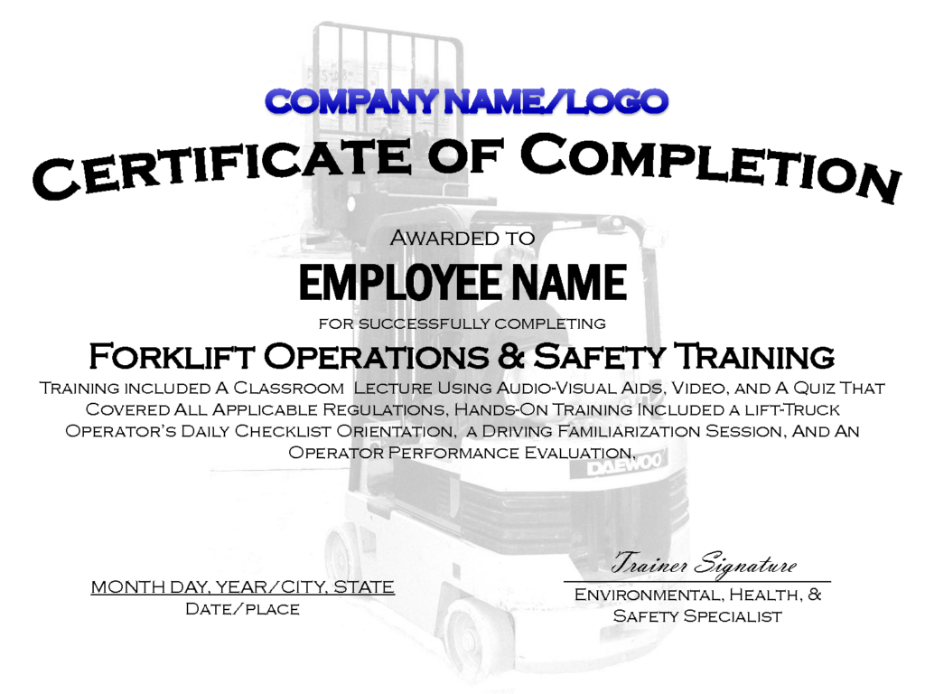 Printable Forklift Certification Card Template Customize And Print