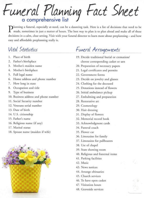 Printable Funeral Planning Checklist Pdf Customize And Print