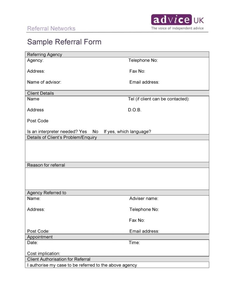 Printable Generic Referral Form Printable Forms Free Online