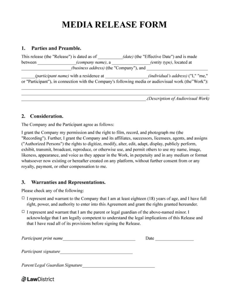 Printable Media Release Form Printable Forms Free Online