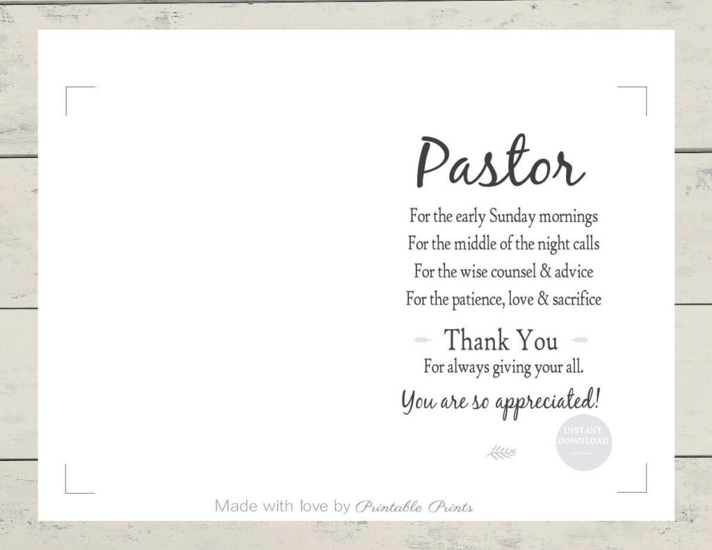 Printable PASTOR APPRECIATION Card 5x7 CARD Gift For Pastor Thank You 