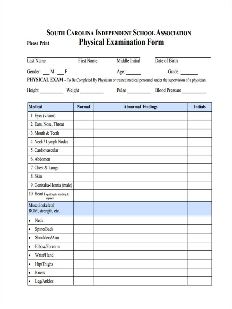 Printable Physical Exam Form For Work Pdf Printable Forms Free Online