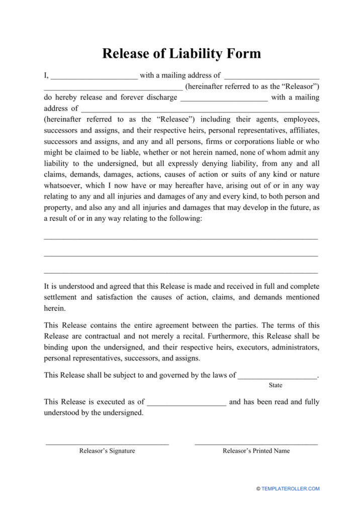 Printable Release Of Liability Form Stephenson