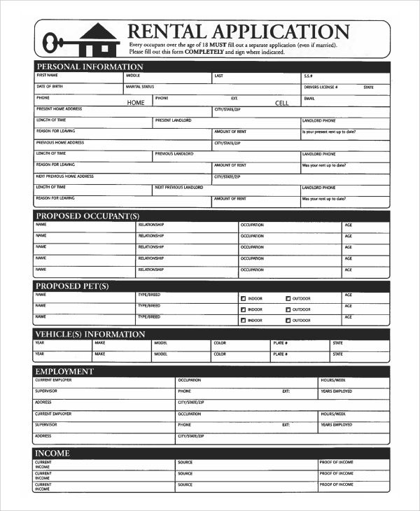 Printable Rental Application Form