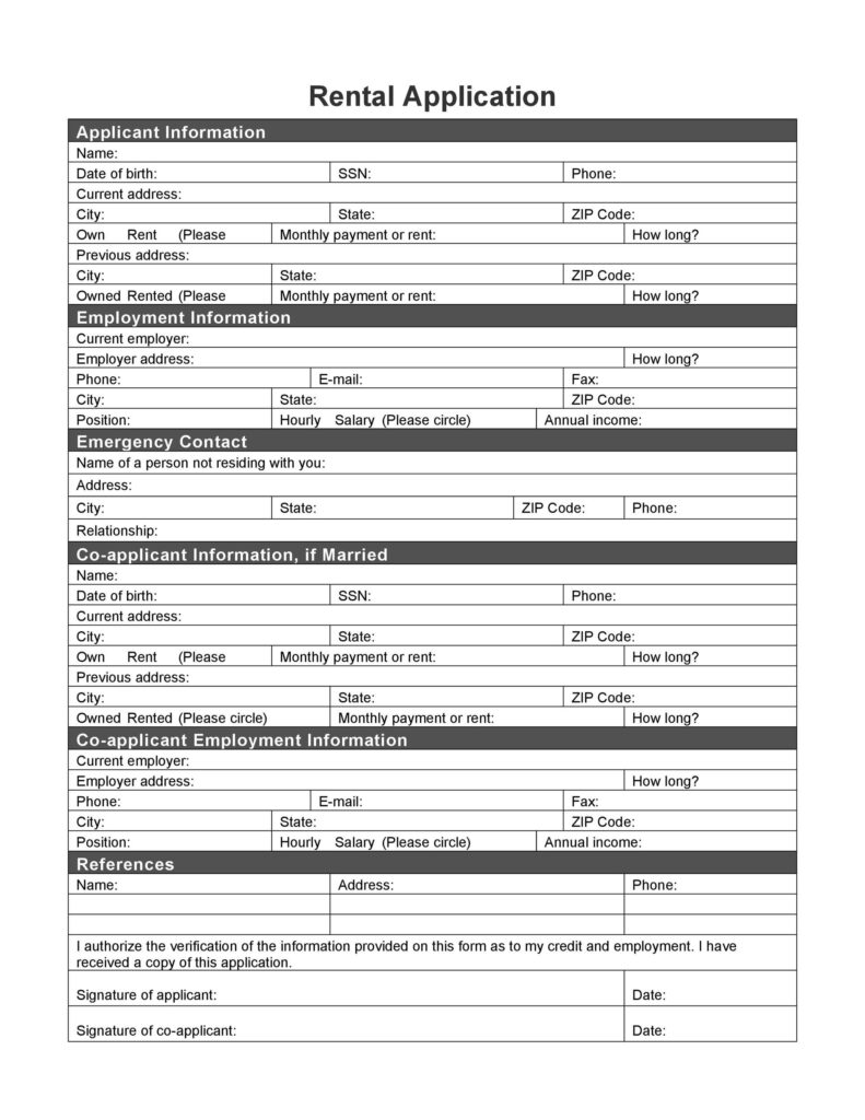 Printable Sample Rental Application