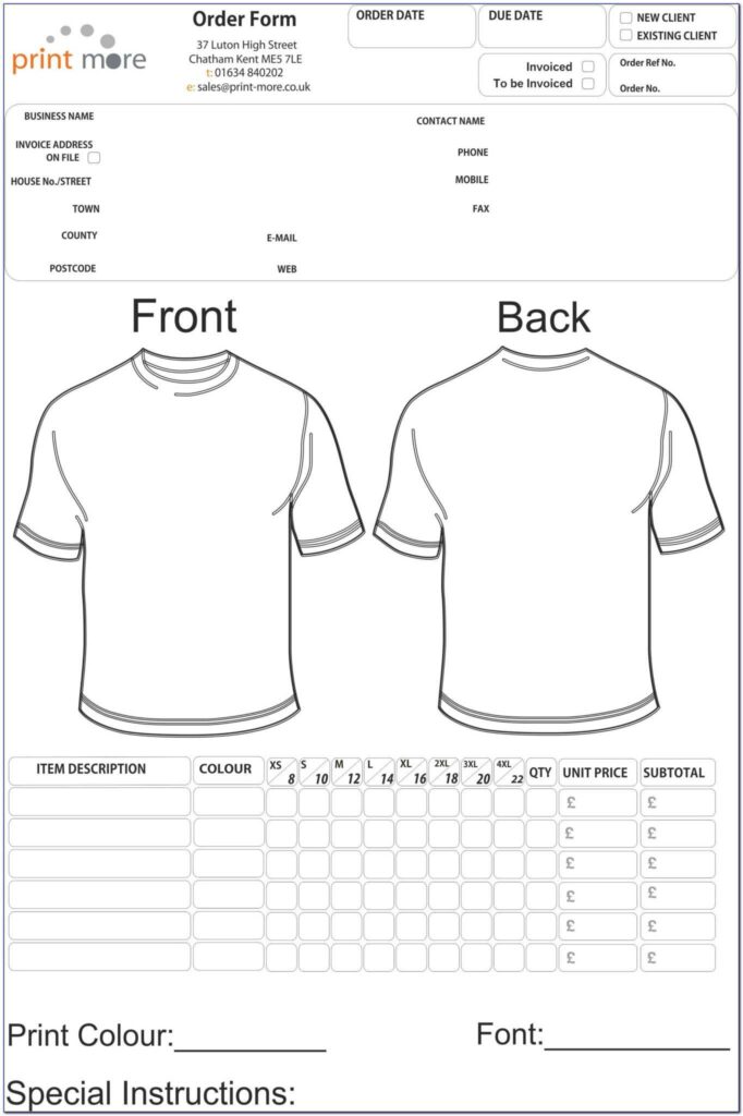 Printable Shirt Order Form