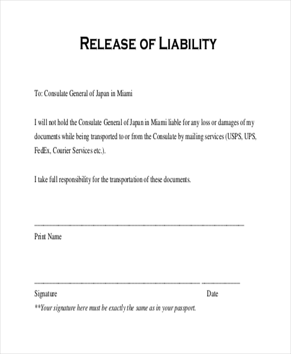 Simple Release Of Liability Form Template