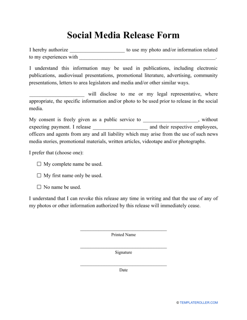 Social Media Release Form Fill Out Sign Online And Download PDF 