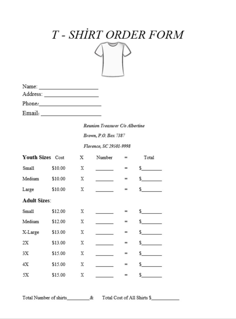 T Shirt Order Form WORD Template Editable And Printable Tshirt 