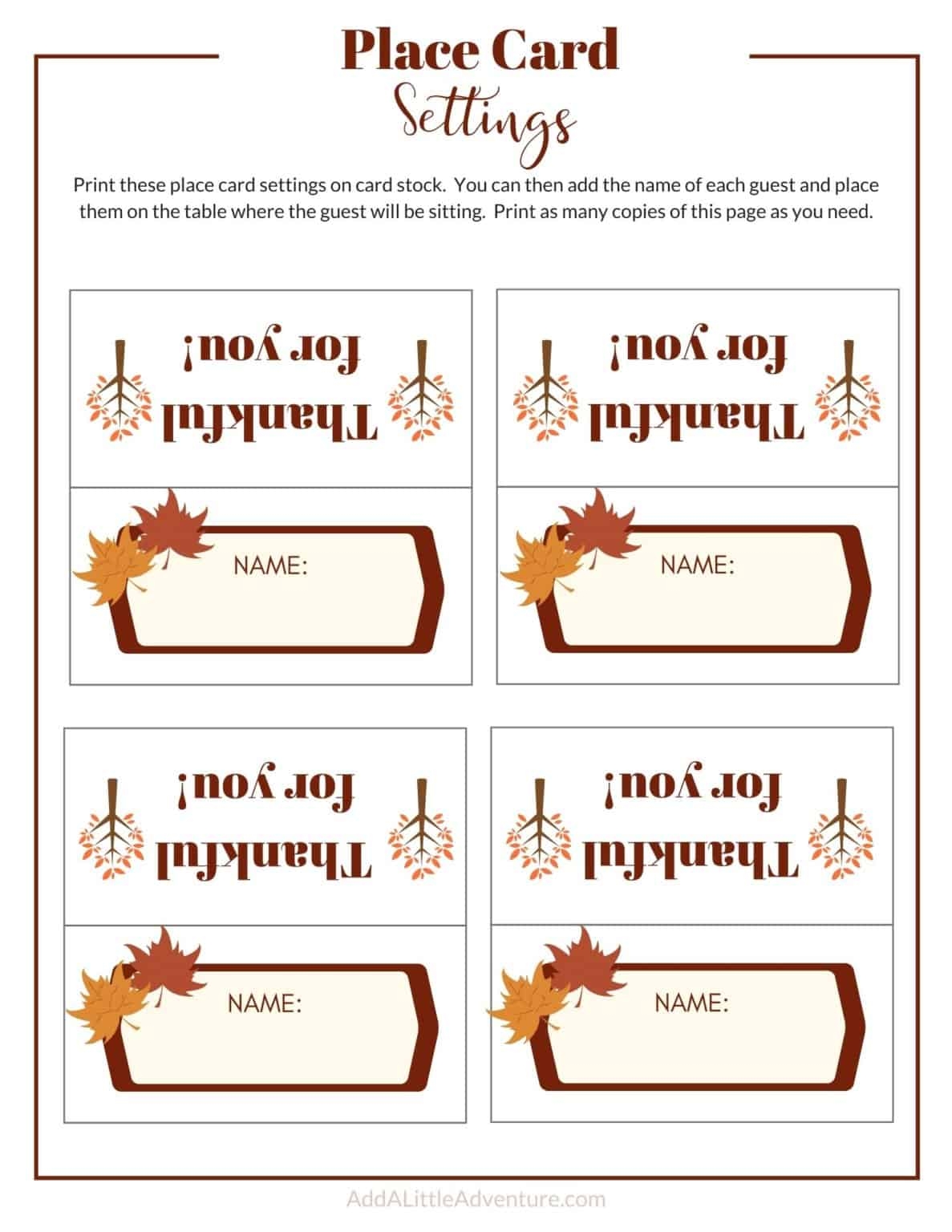 Thanksgiving Place Cards Printable DIY Template Add A Little Adventure